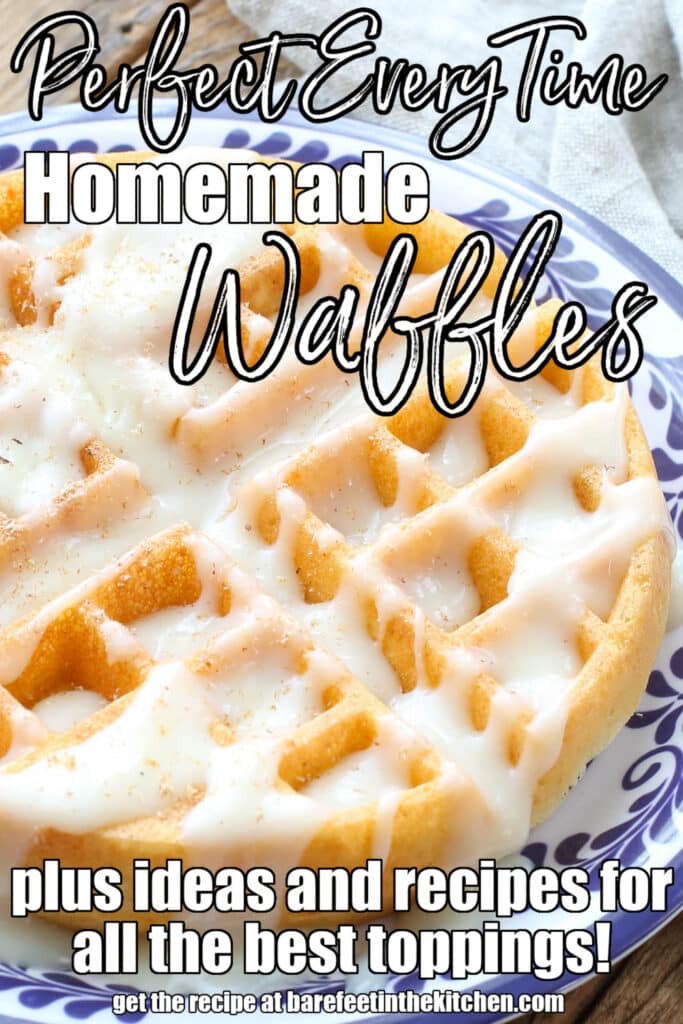 homemade waffles on blue plate with white sauce