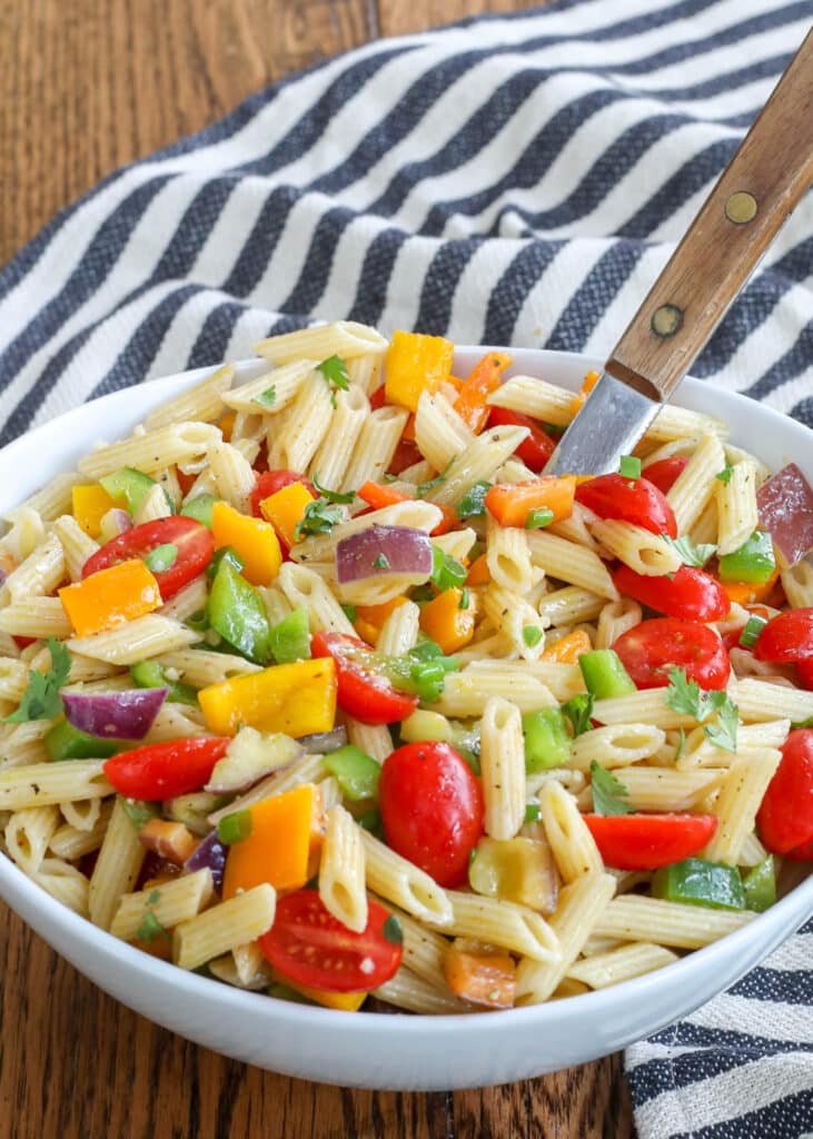 Pasta Salad with plenty of vegetables and a tangy garlicky dressing