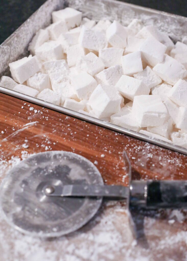 Homemade Marshmallows sliced with a pizza cutter