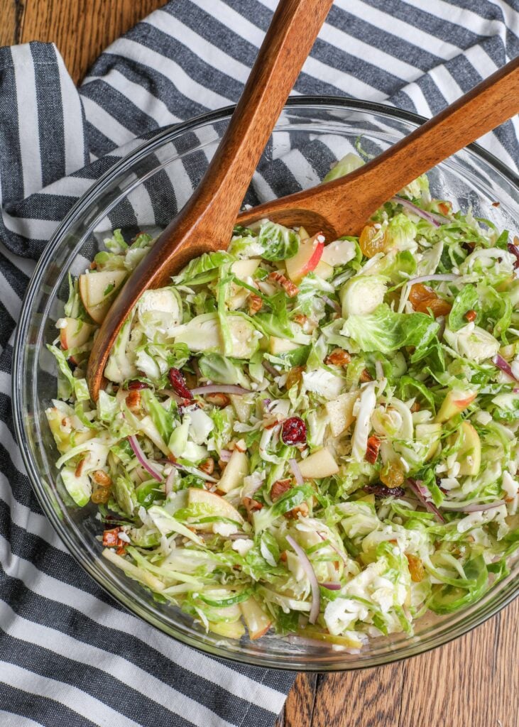 Brussels Sprouts Salad with apples, raisins, and pecans