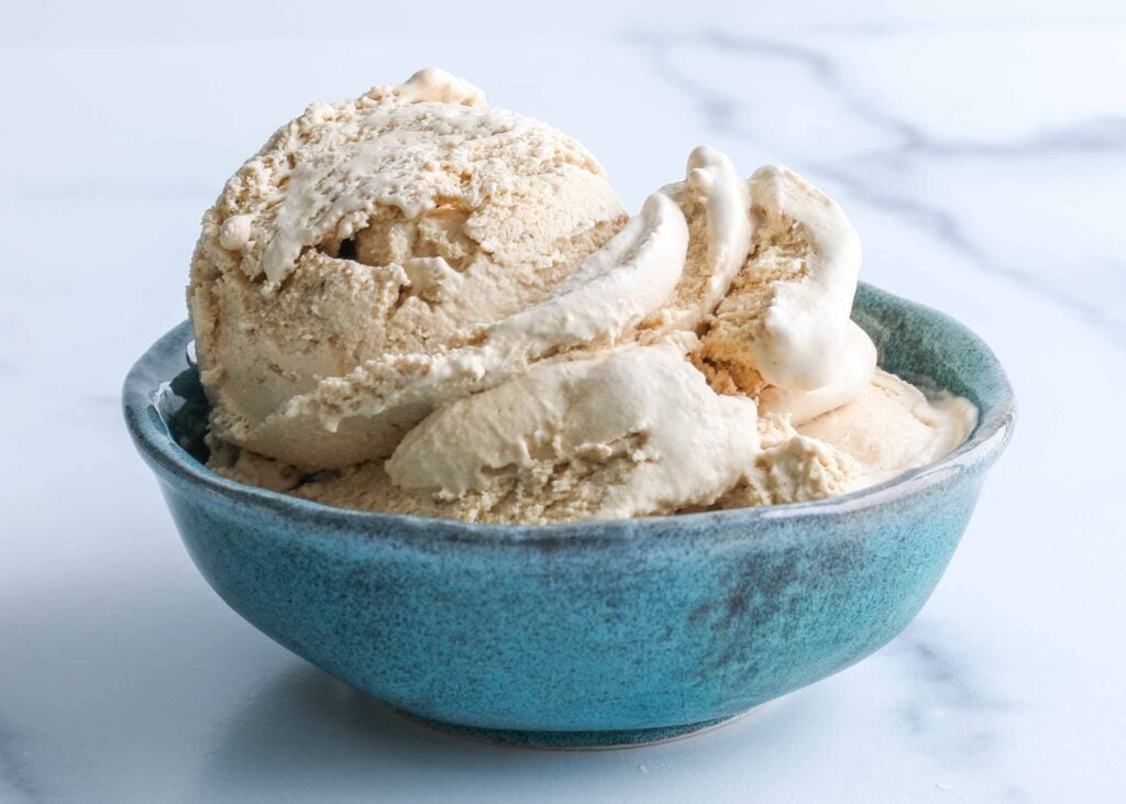 homemade ice cream in blue pottery bowl