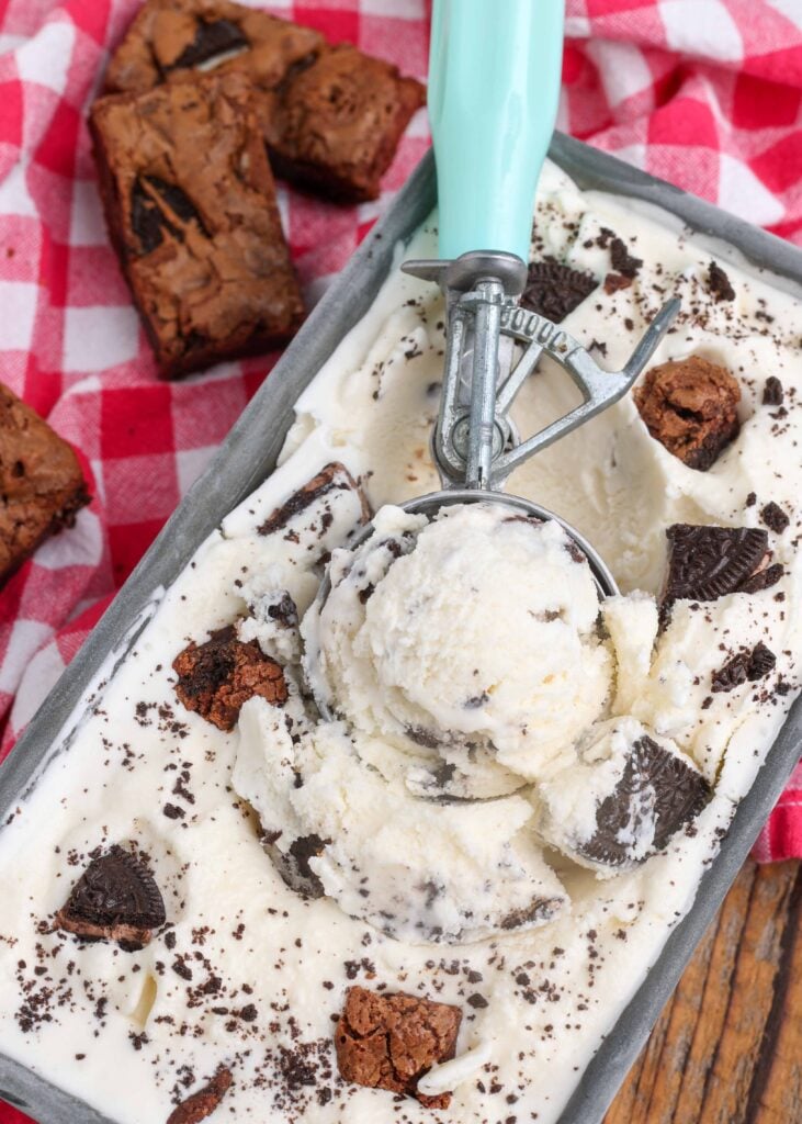 homemade ice cream in pan with scoop