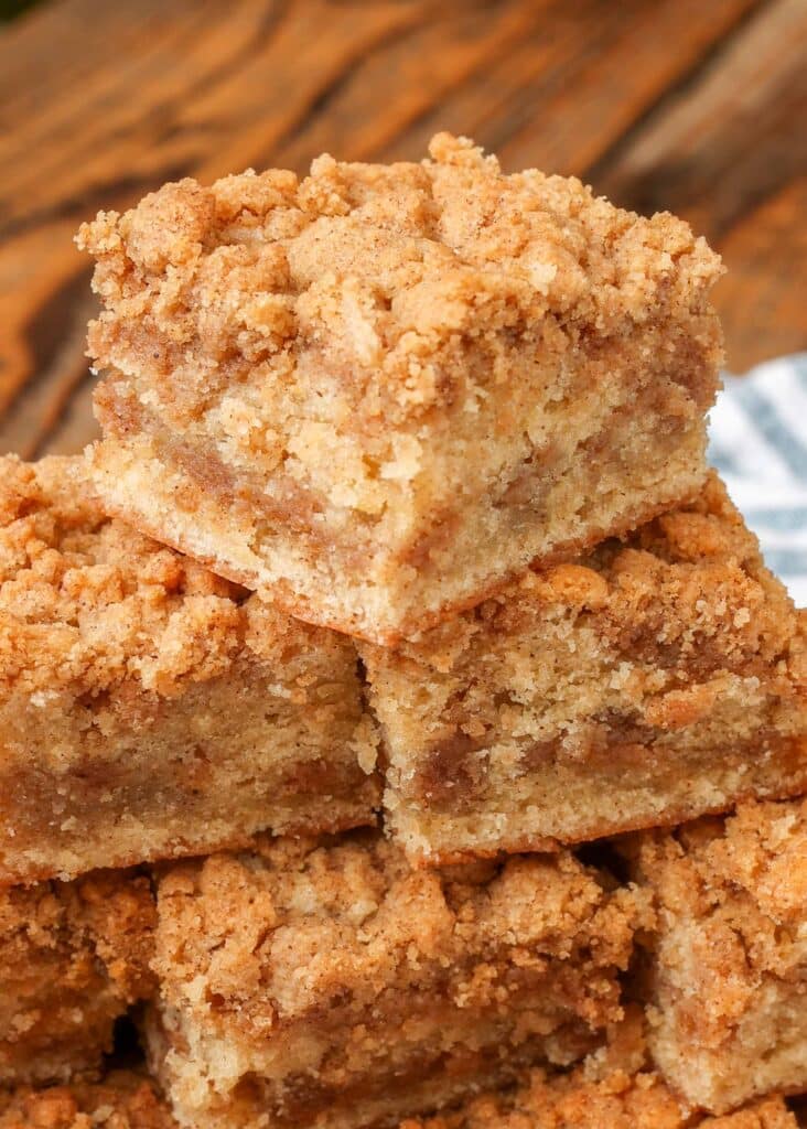 streusel coffee cake stacked on plate