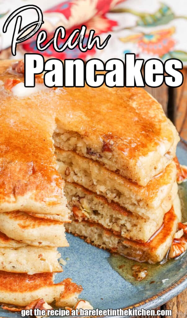 sliced pecan pancakes on blue plate