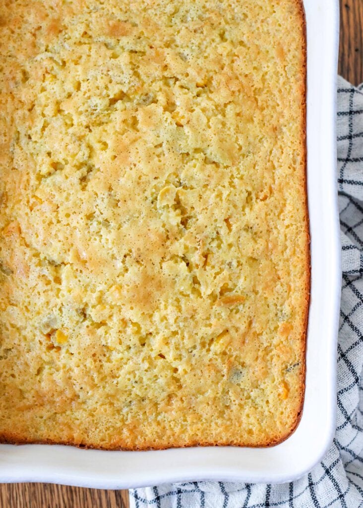 Jalapeno Corn Pudding in a white baking dish