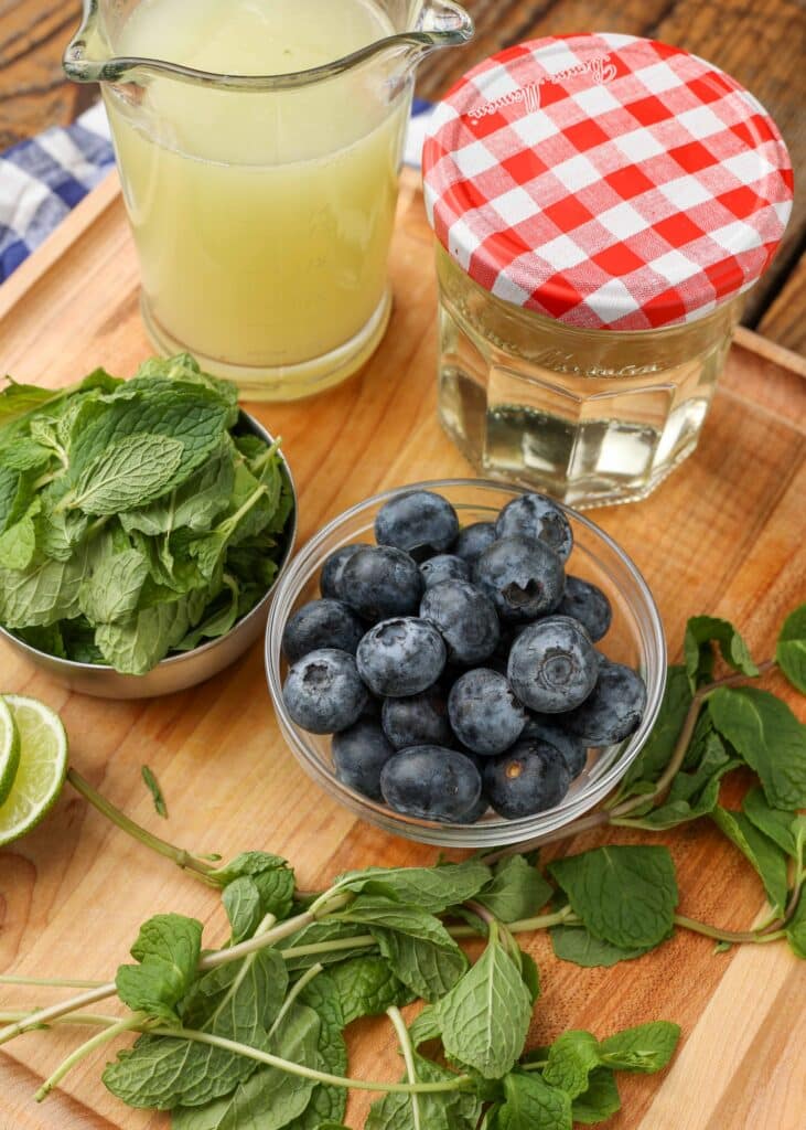 blueberries are piled high in a small glass bowl, surrounded by the other ingredients for this cocktail, including lime juice, simple syrup, mint leaves, and fresh limes