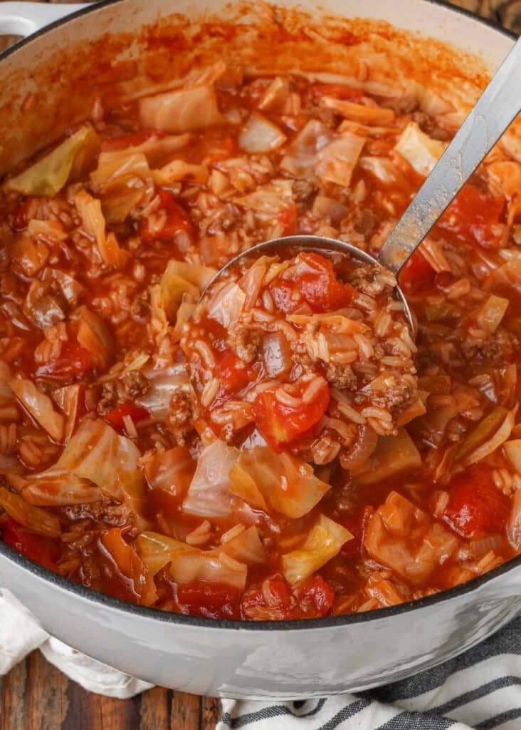 Cabbage Roll Soup in pot with ladle