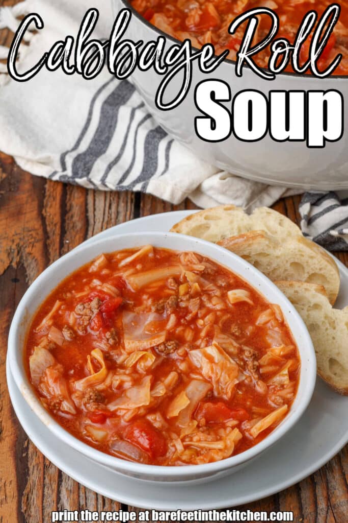 Cabbage Roll Soup in white pottery with bread