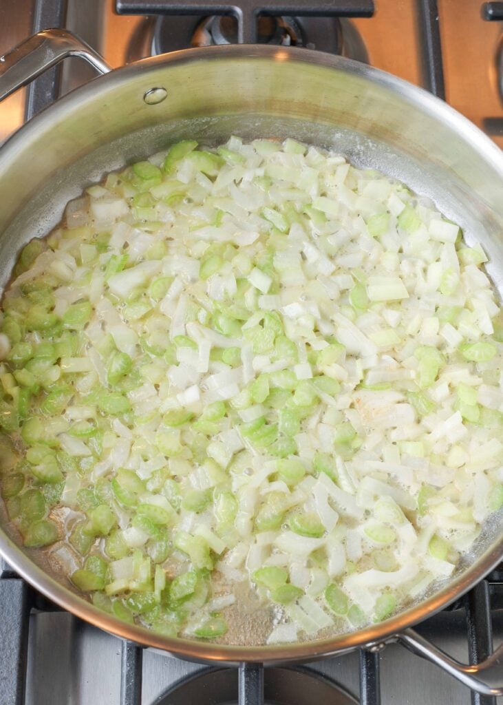 Chicken Pot Pie Casserole celery an onions in skillet