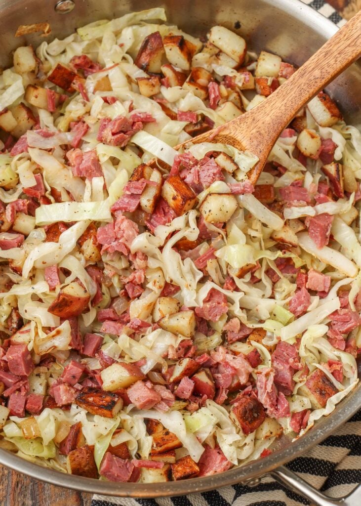 hash skillet with corned beef, cabbage, and potatoes