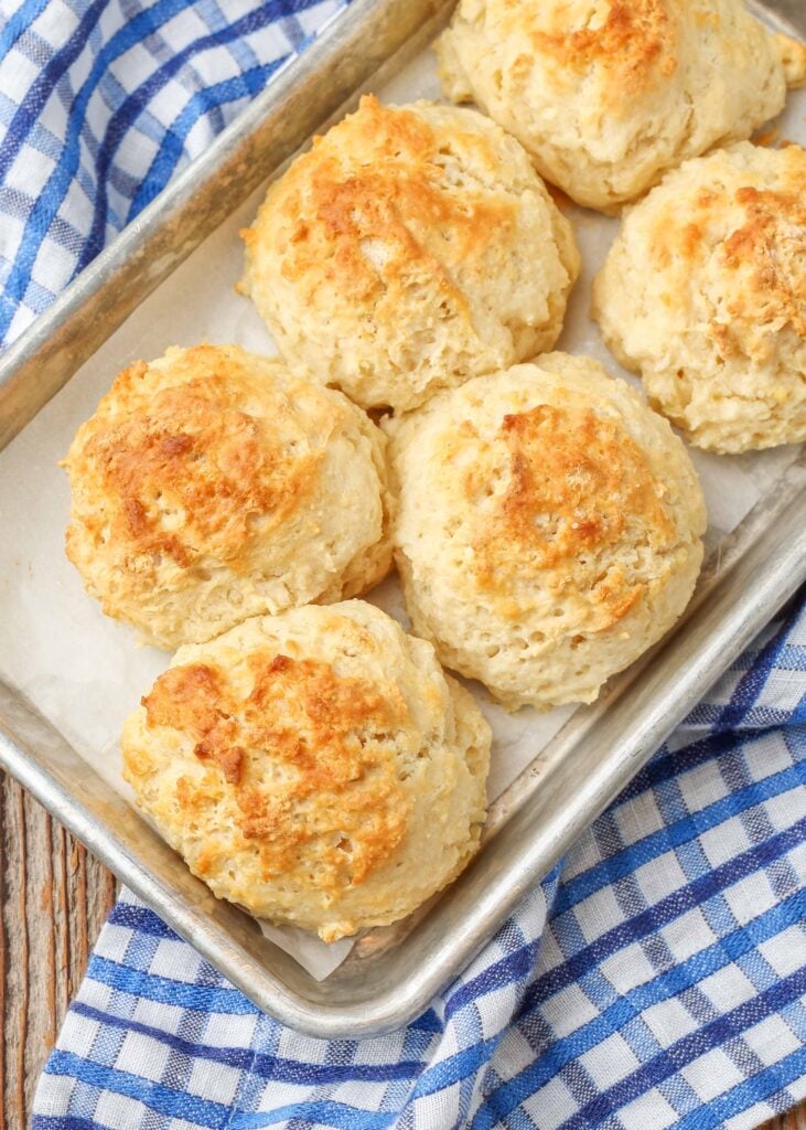Easy Drop Biscuits on half sheet pan with blue and white linen