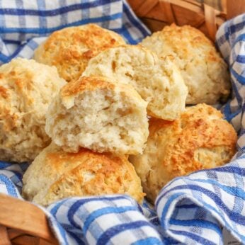 Easy Drop Biscuits with blue and white linen in basket