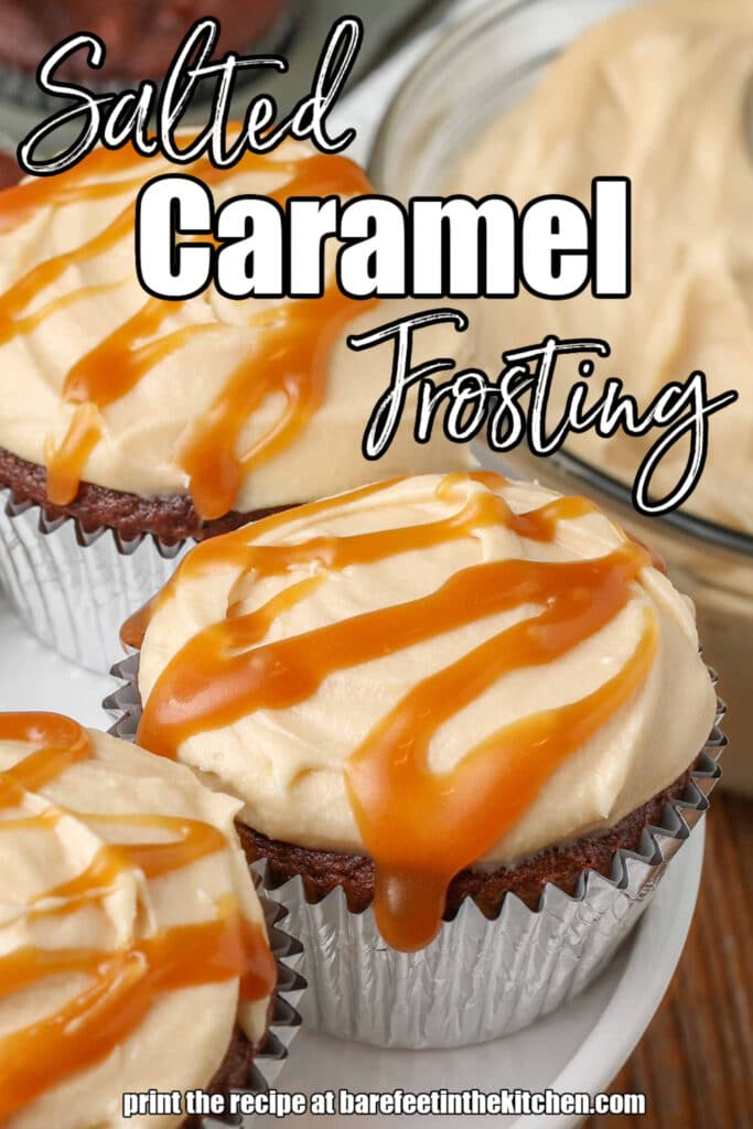 caramel sauce drizzles over frosted chocolate cupcakes