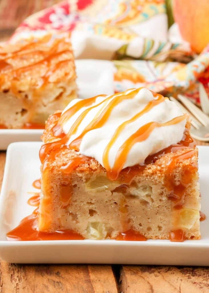 Apple Cake with Caramel Sauce with whipped cream and caramel