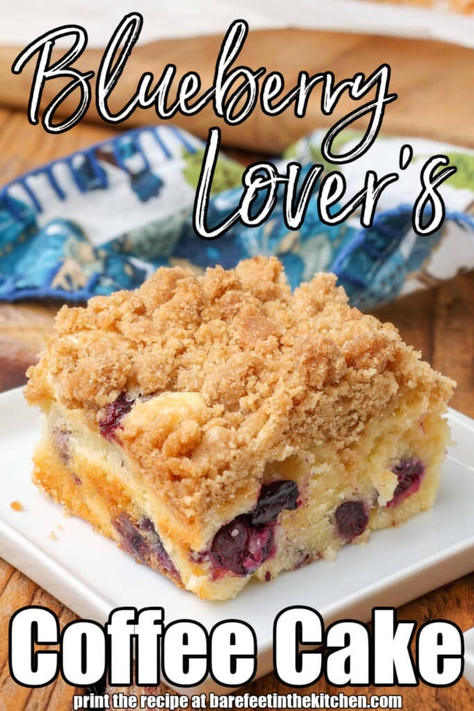 blueberry lover's coffee cake on square plate with blue napkin