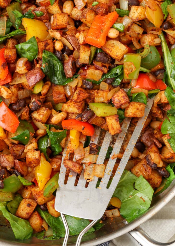 roasted potatoes, peppers, black and white bean hash