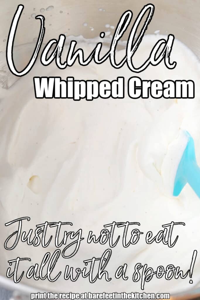 Vanilla whipped cream in a bowl with a spatula