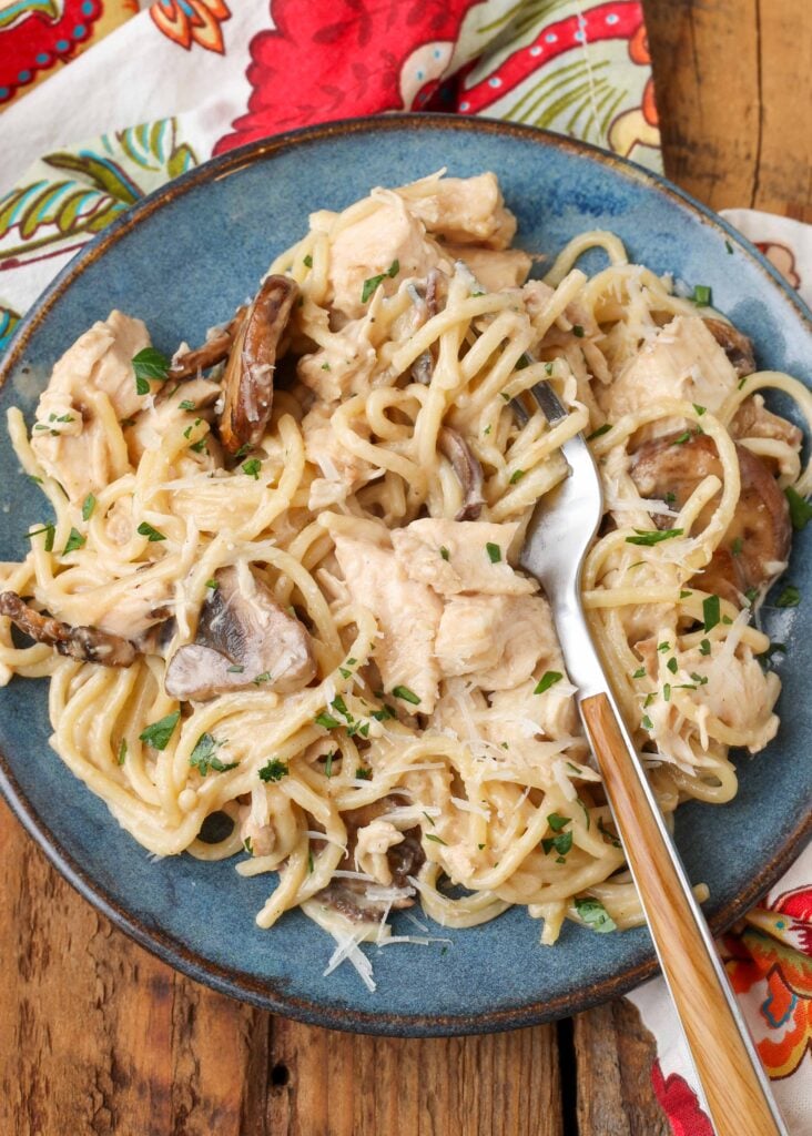 blue plate with pasta, chicken, and mushrooms