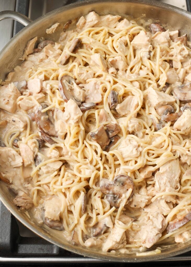 Chicken, mushrooms and pasta in creamy sauce in a large skillet