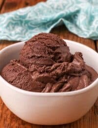 Dark Chocolate Ice Cream in white bowl with blue and white linen