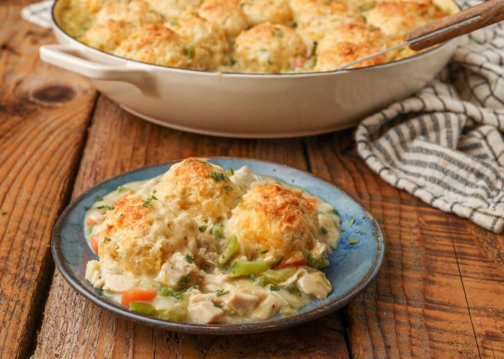 Green chili and jalapeno chicken casserole with biscuits