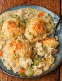 pot pie casserole on plate with fork