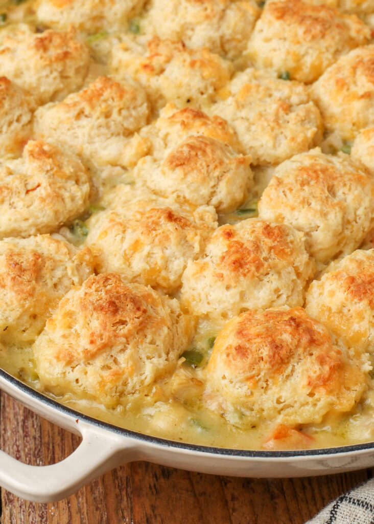 close up of biscuit topping over pot pie