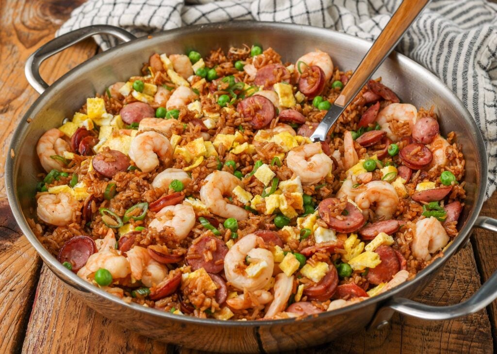 shrimp and sausage fried rice in giant skillet
