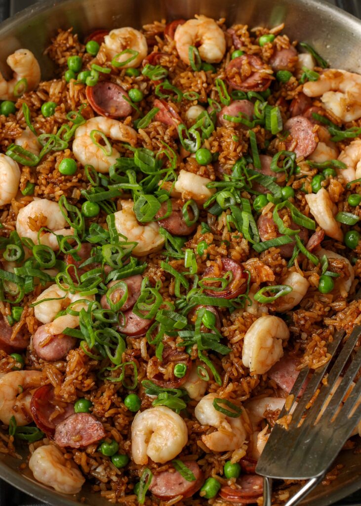 stir fried rice with shrimp and sausage