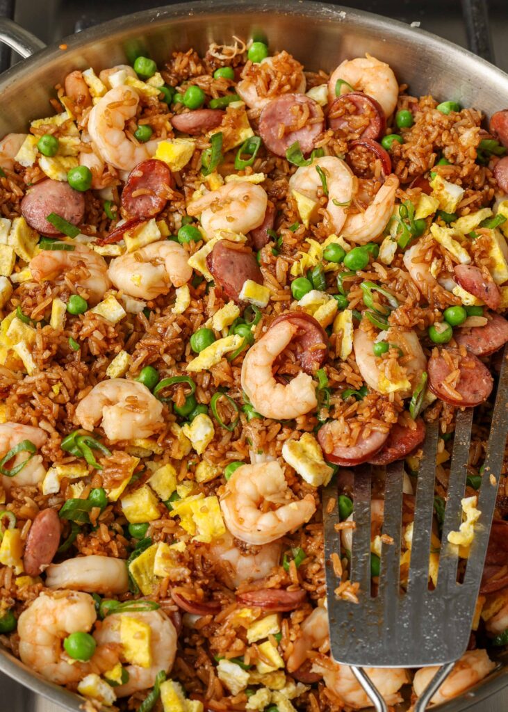 Sausage and Shrimp Fried Rice in skillet