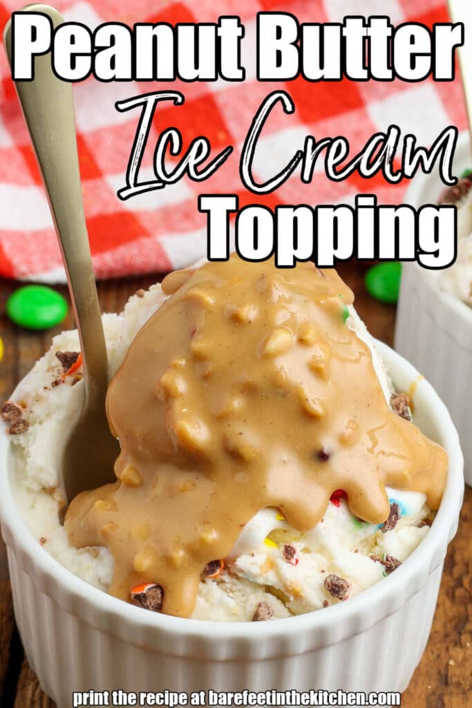 Peanut butter topping ice cream with golden spoon in white bowl