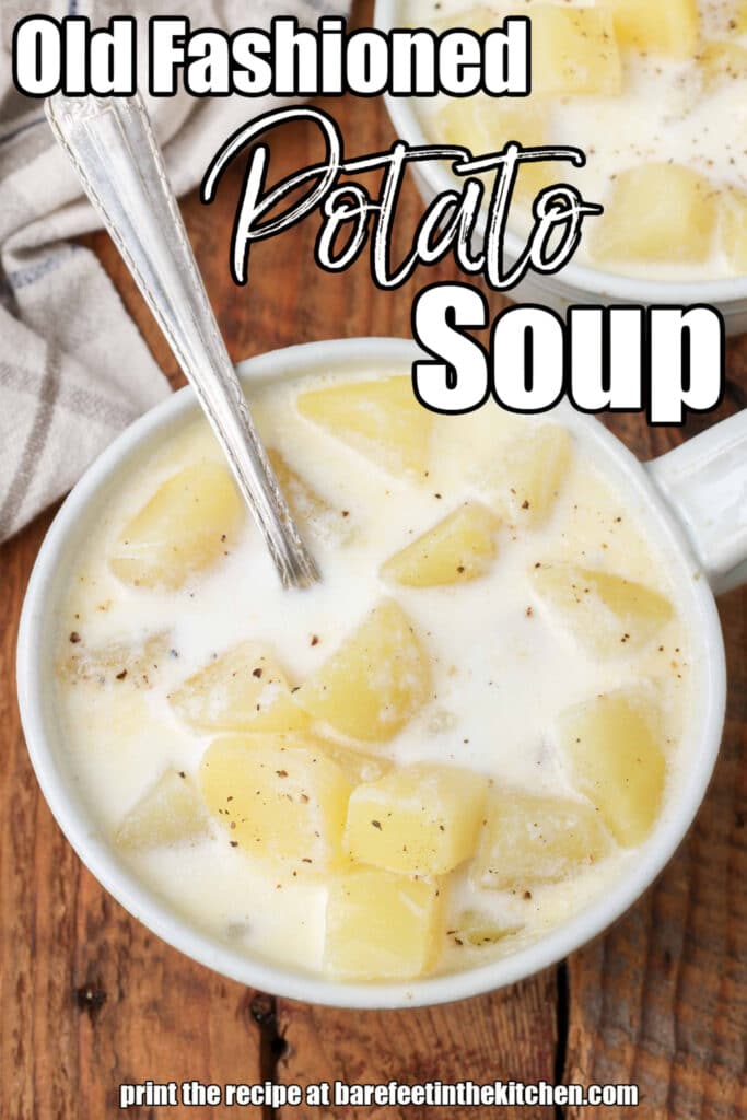white lettering has been overlaid this image of a white bowl filled with potato soup. It reads, 