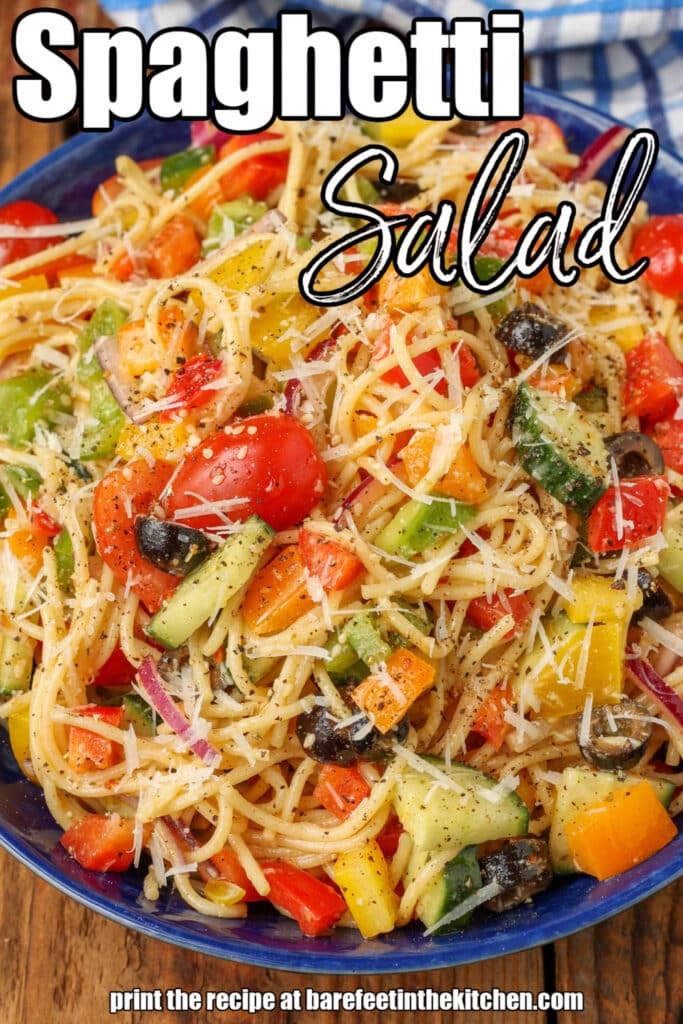 White lettering has been overlaid this image of a spaghetti salad with vegetables in a blue ceramic bowl. It reads: "Spaghetti Salad"
