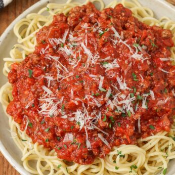 freshly shredded parmesan cheese adorns a mountain of delicious spaghetti covered in meat sauce