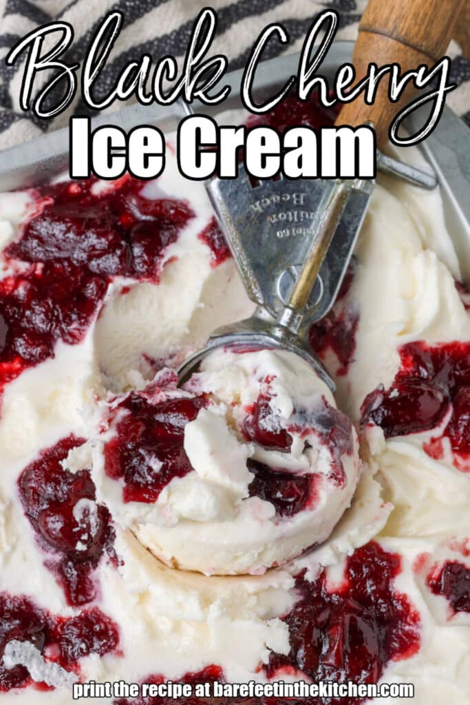 White lettering has been overlaid on this image of black cherry ice cream.  It is reading: "black cherry ice cream"