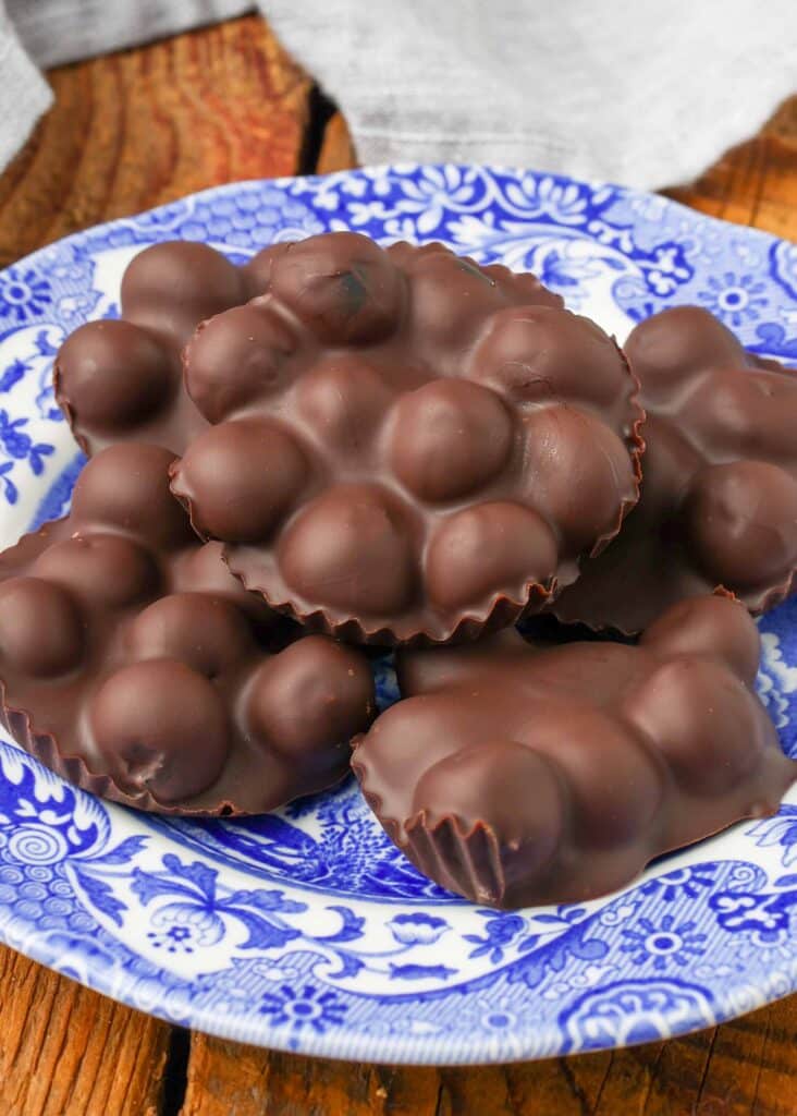 Blueberries covered in a dark chocolate layer, stacked in a blue and white bowl with a floral pattern