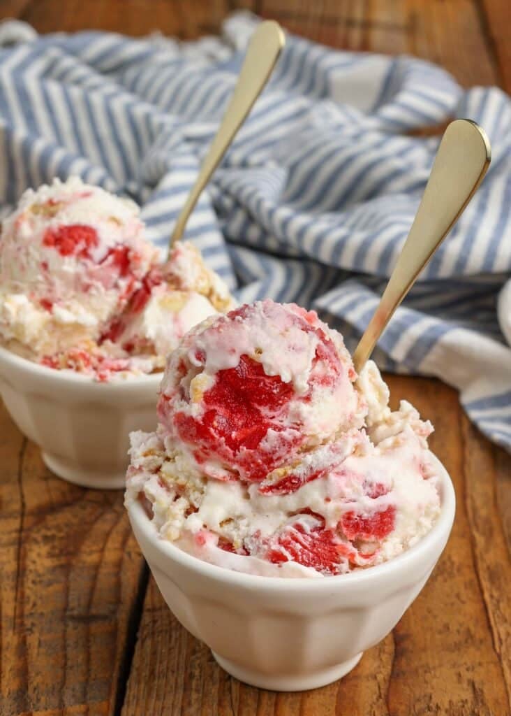 strawberry ice cream with shortcake pieces mixed throughout