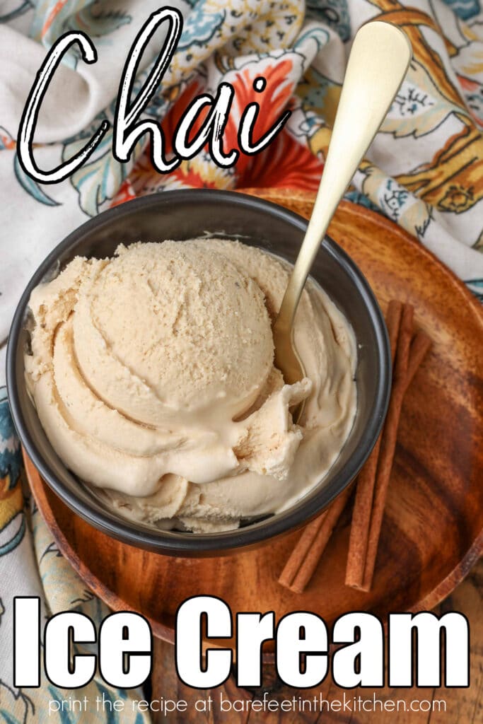 white lettering has been overlaid this image of a scoop of chai ice cream in a dark grey bowl. it reads "chai ice cream"