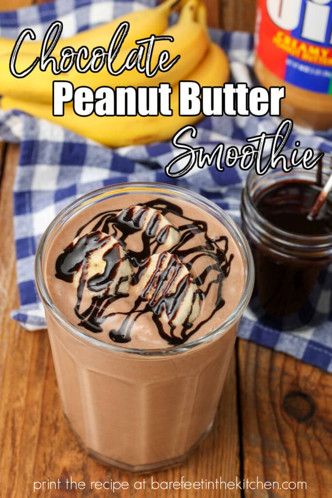 white text has been overlaid this image of a glass filled with a peanut butter chocolate smoothie on a wooden tabletop. it reads, "Chocolate Peanut Butter Smoothie"