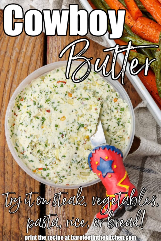garlic and herb compound butter with cowboy boot butter spreader