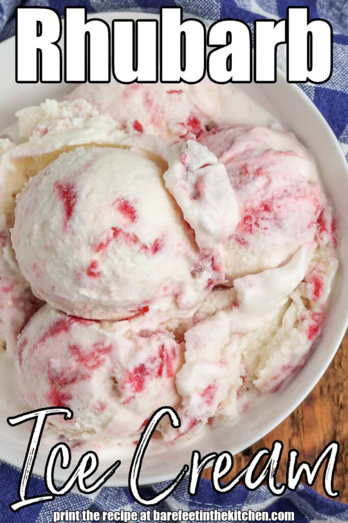 Overhead vertical shot of rhubarb swirl ice cream in a white bowl with a checkered blue and white towel
