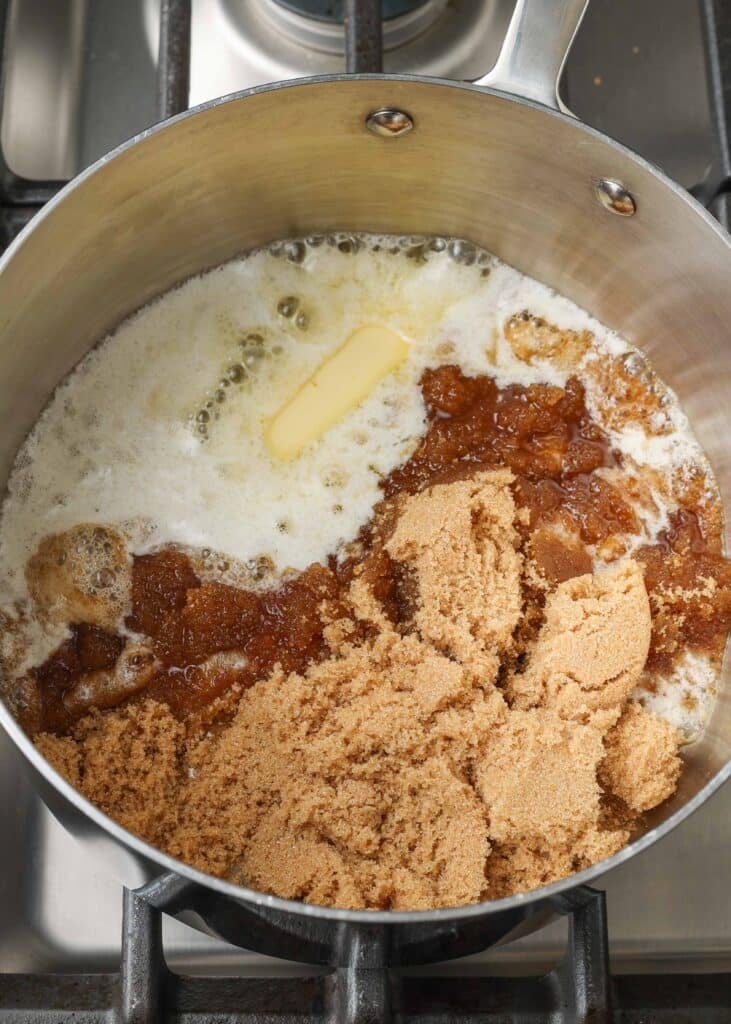 Ingredients for caramel sauce in a pan
