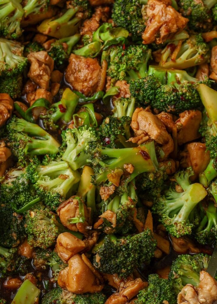 Close-up of stir-fried chicken with vegetables