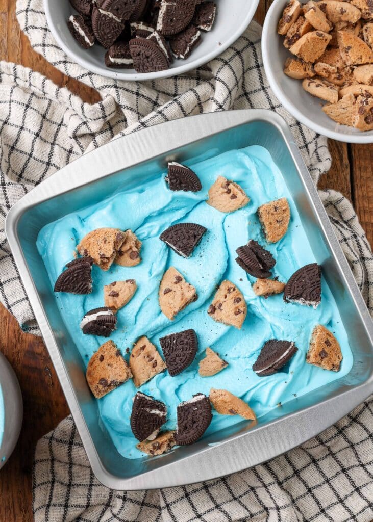 blue vanilla ice cream with cookie chunks
