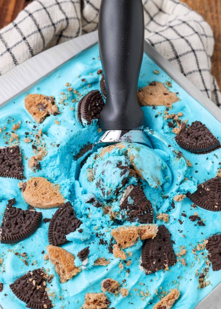 Cookie Monster Ice Cream in metal pan with ice cream scoop