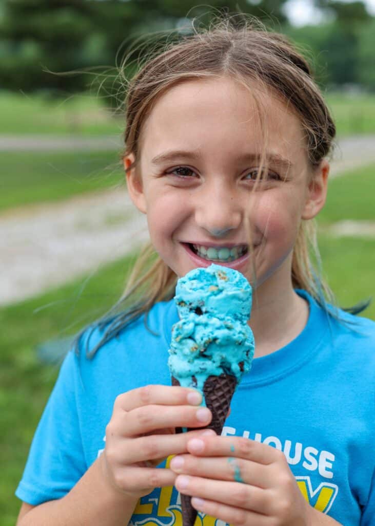 double scoops of blue ice cream in chocolate cone