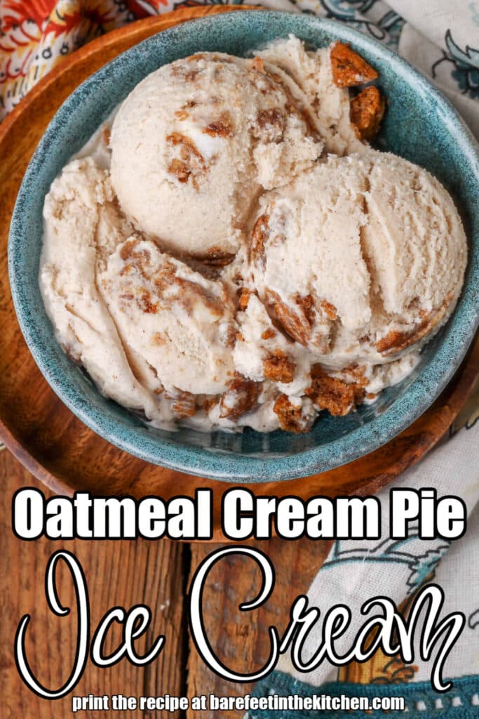 Overhead vertical shot of oatmeal cream pie ice cream, served in a blue bowl