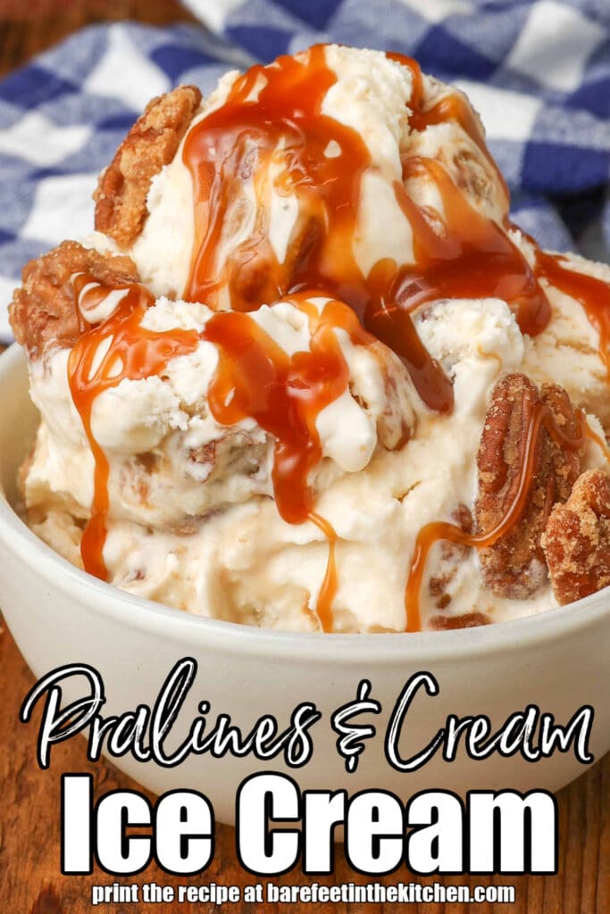 Vertical shot of pralines and cream ice cream topped with caramel sauce