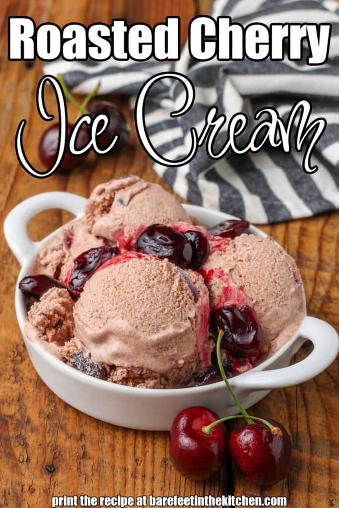 Roasted Cherry Ice Cream in white bowl with black and white towel on wooden table