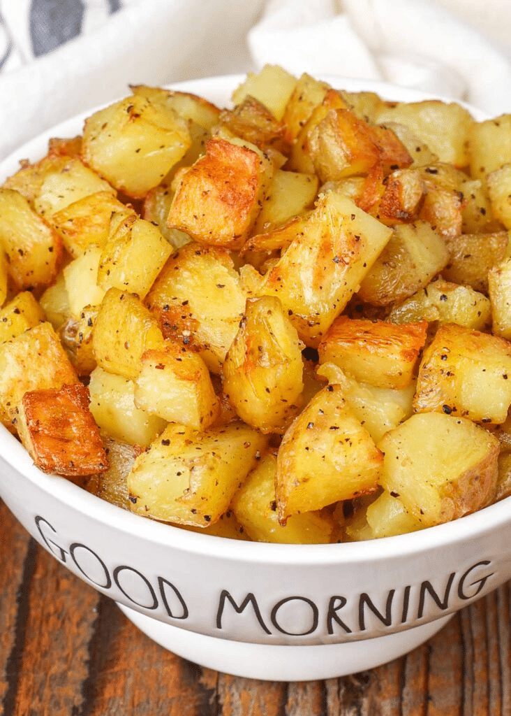 Crispy brown roasted potatoes in a bowl